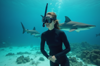 Jeune femme en combinaison de plongée nageant avec des requins gris