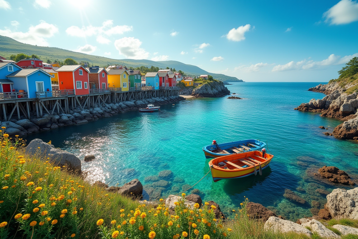 Village de pêcheurs coloré avec bateaux en bois et eaux turquoise