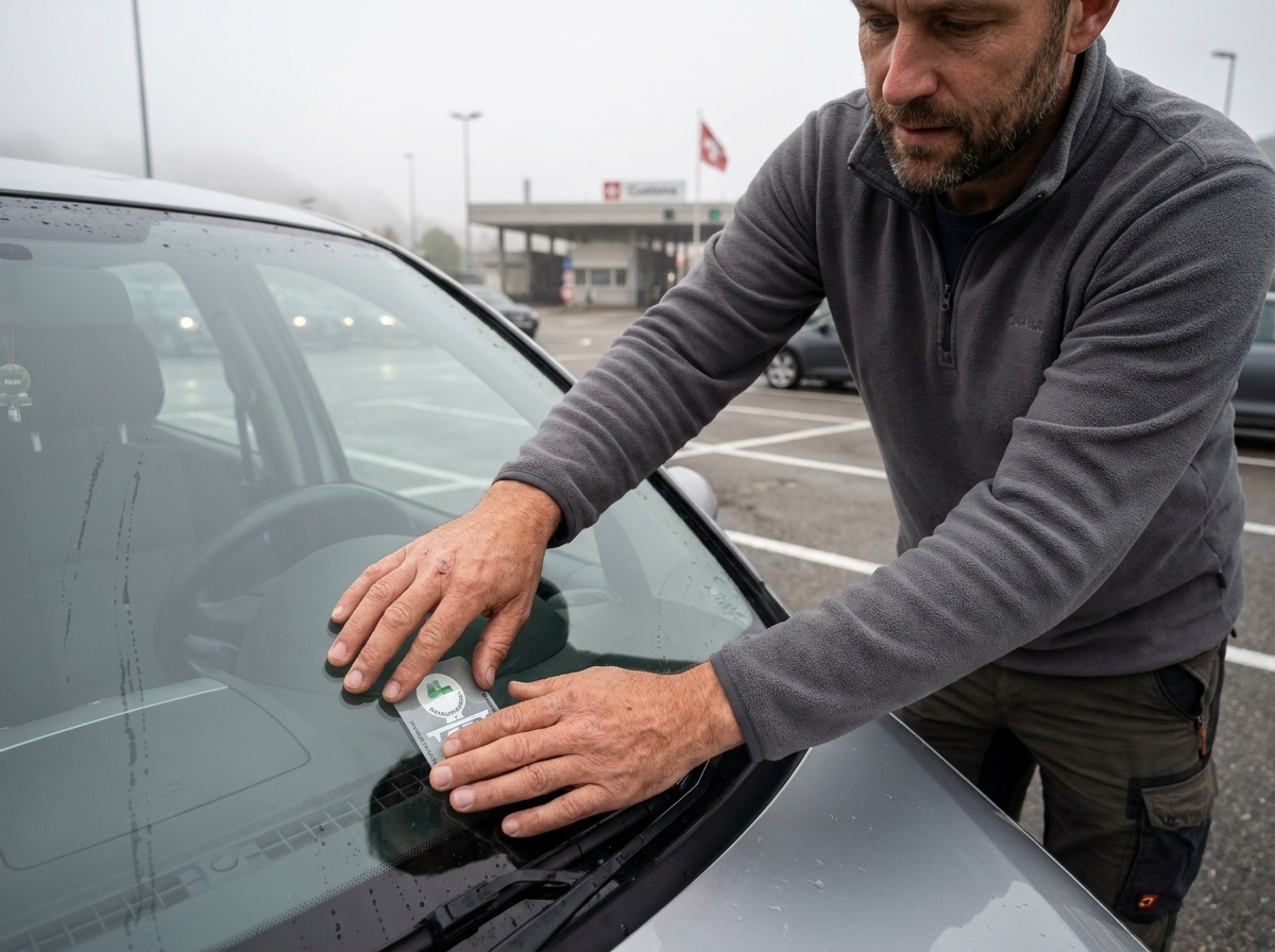 Homme collant une vignette autoroutière suisse sur le pare-brise de sa voiture à la frontière
