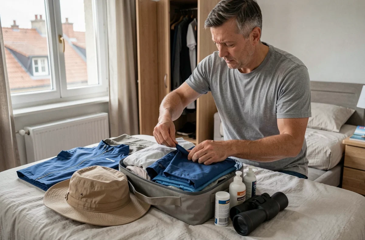 Homme préparant ses bagages pour un week-end en croisière fluviale avec vêtements légers, jumelles et imperméable