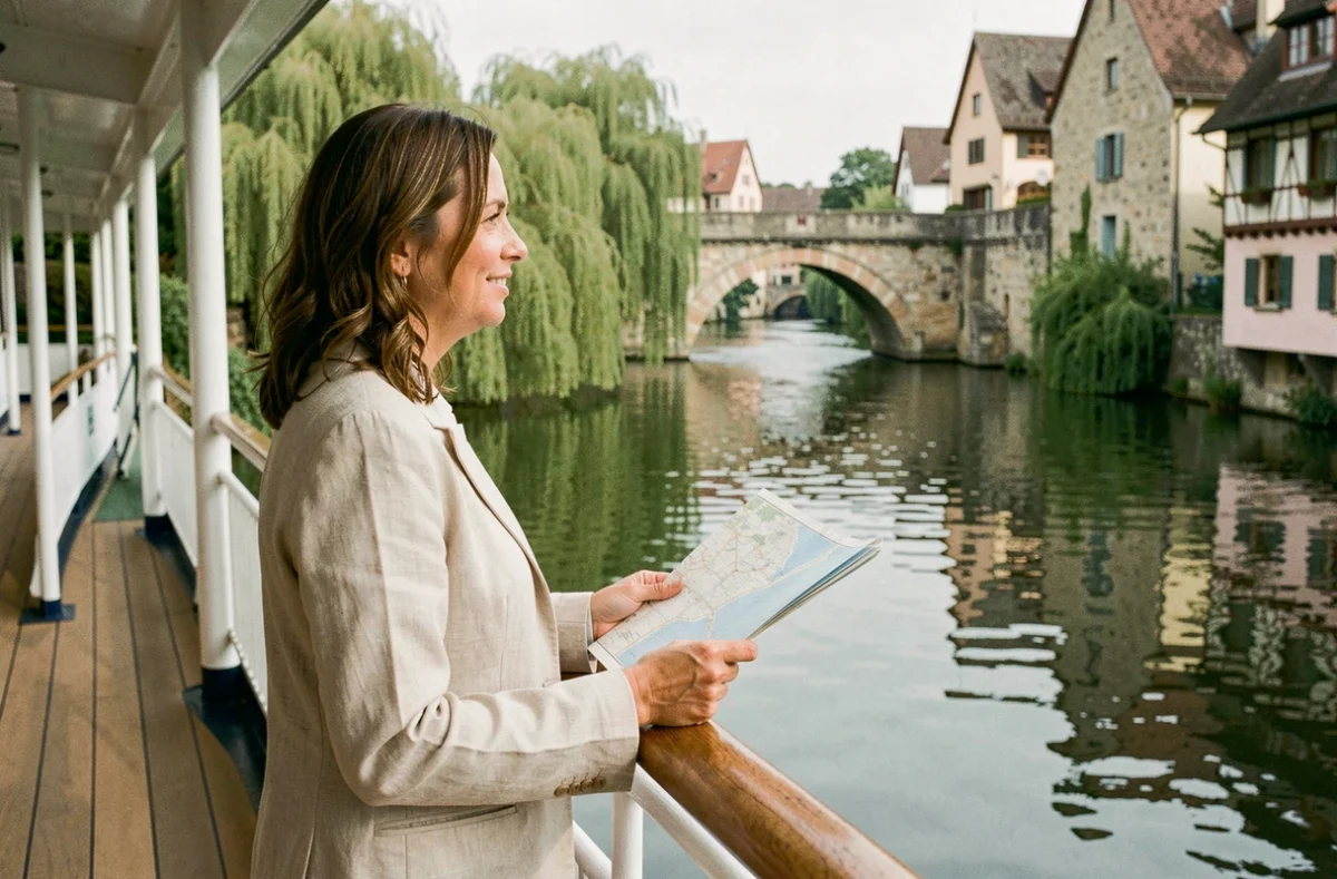 Femme sur le pont d'un bateau de croisière fluviale tenant une carte, vue sur un pont médiéval et un village en arrière-plan