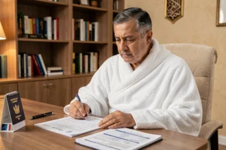 Homme préparant ses documents administratifs pour le pèlerinage du Hajj 2026, passeport et formulaires officiels sur un bureau à domicile