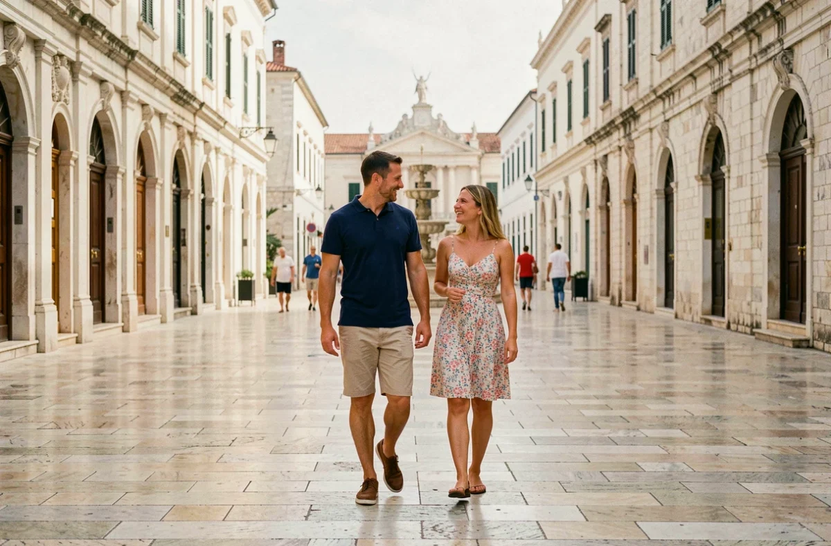 Couple se promenant sur le Stradun, la rue principale pavée de calcaire poli au cœur de la vieille ville de Dubrovnik