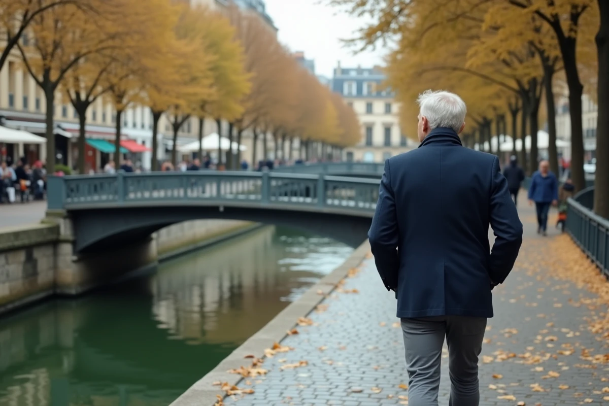 Promeneur longeant le Canal Saint-Martin à Paris lors d'un itinéraire à pied depuis la Gare du Nord