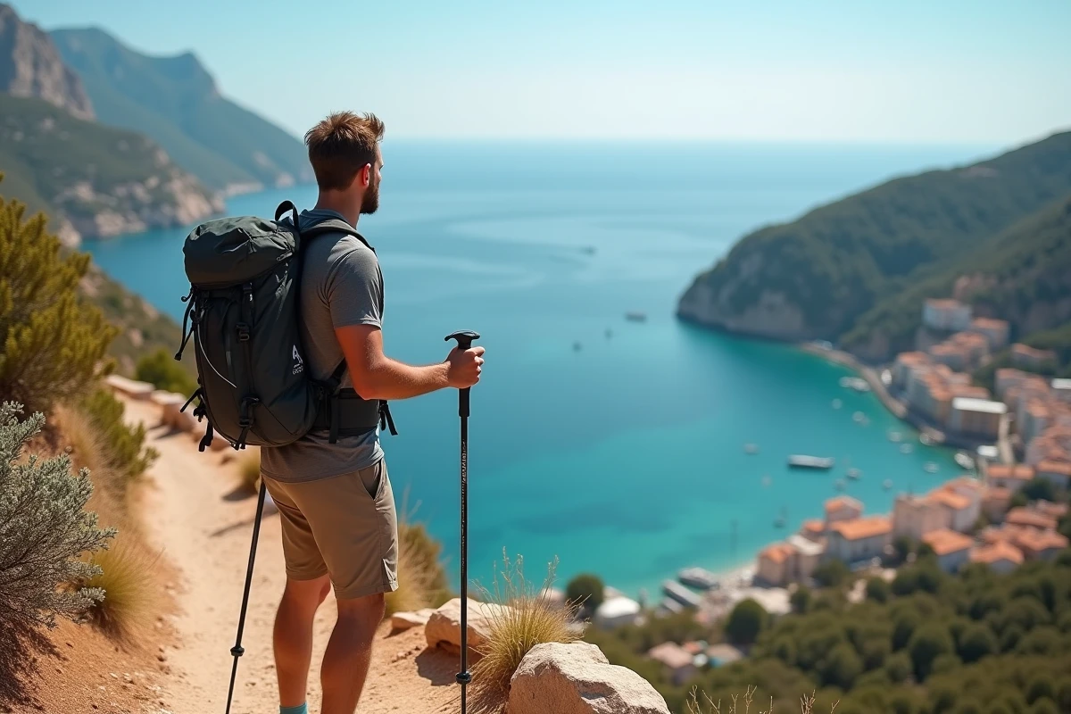 Randonneur masculin sur un sentier côtier espagnol avec vue panoramique sur la mer Méditerranée
