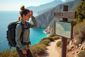 Femme souriante en randonnée sur le sentier côtier en méditerranée