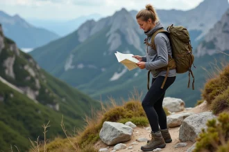 Femme randonneuse en Corse vérifiant une carte topographique