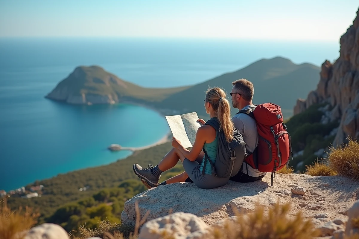 Hikers reposant sur un rocher avec vue sur la côte méditerranéenne