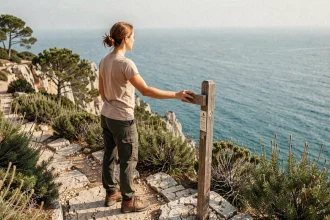 Randonneuse observant les falaises côtières de Majorque depuis un sentier de randonnée