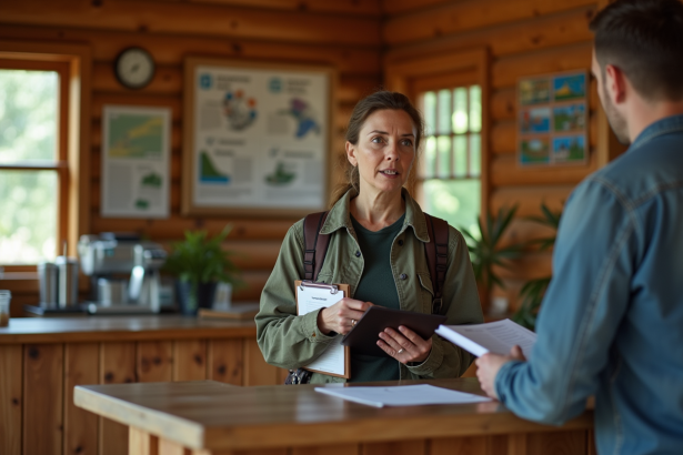 Femme d'âge moyen parlant à la réception d'un camping rustique