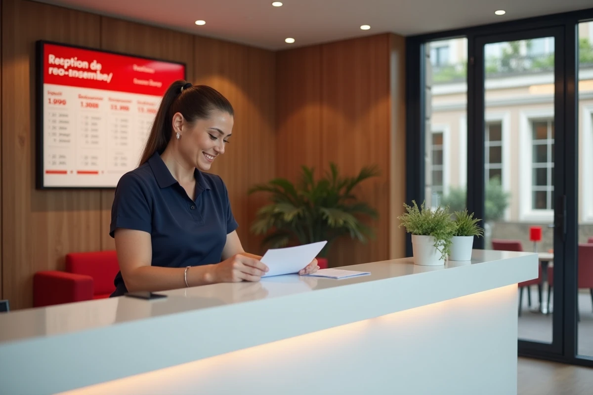 Réception de l'hôtel Ibis Libourne avec une hôtesse souriante au bureau d'accueil, décoration moderne aux tons blanc et rouge