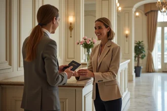 Réception élégante d'un hôtel boutique parisien avec une cliente et un concierge dans le 7e arrondissement