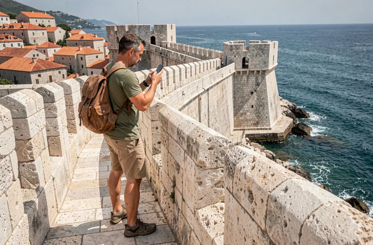 Randonneur sur les remparts historiques de Dubrovnik avec vue sur la mer Adriatique et les toits de la vieille ville