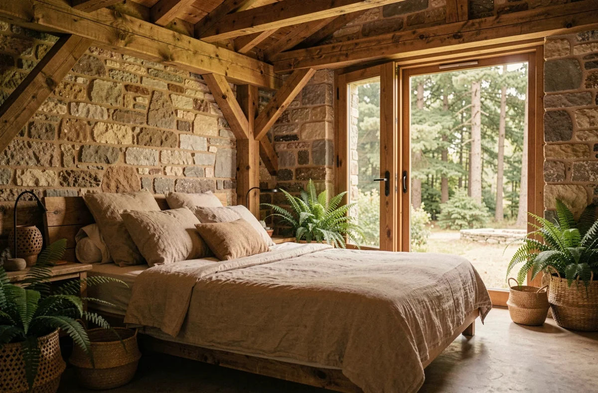 Chambre intérieure en bois brut et pierre de la maison d'hôtes Repère Sauvage à La-Ville-aux-Clercs, avec vue sur forêt
