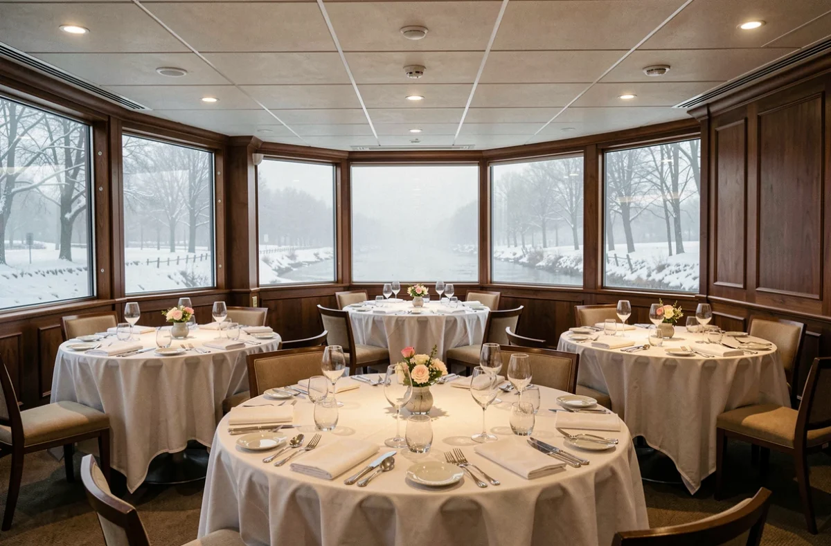 Salle à manger élégante d'un bateau de croisière sur le Rhin en hiver
