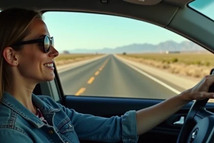 Femme conduisant sur l'autoroute I-5 en Californie lors d'un road trip entre Los Angeles et San Francisco