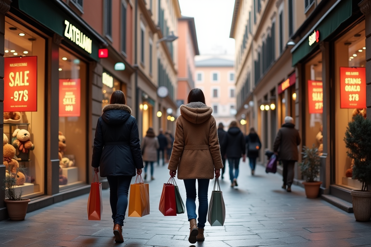 Rue commerçante italienne en hiver avec acheteurs et soldes