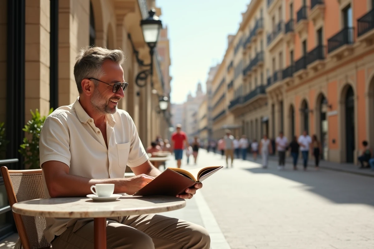 Voyageur consultant un guide touristique dans la rue piétonne Larios au centre de Malaga