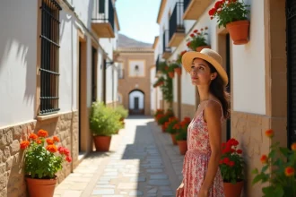 Ruelle pittoresque d'une vieille ville andalouse avec murs blancs fleuris et femme en robe fleurie observant l'architecture typique de Séville ou Grenade