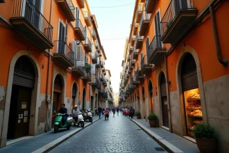 Ruelle pavée typique du centre historique de Naples avec immeubles colorés et linge étendu aux balcons