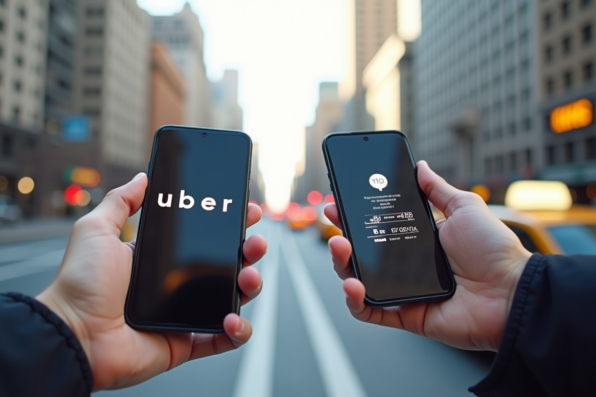 Deux mains tenant des smartphones avec Uber et compteur de taxi