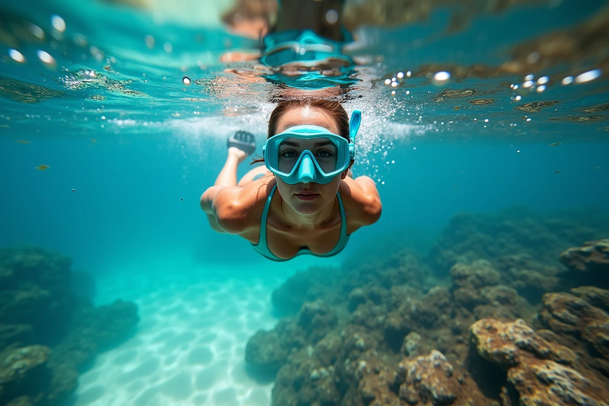 Femme faisant du snorkeling dans les eaux cristallines de la Sicile au-dessus d'un fond rocheux coloré