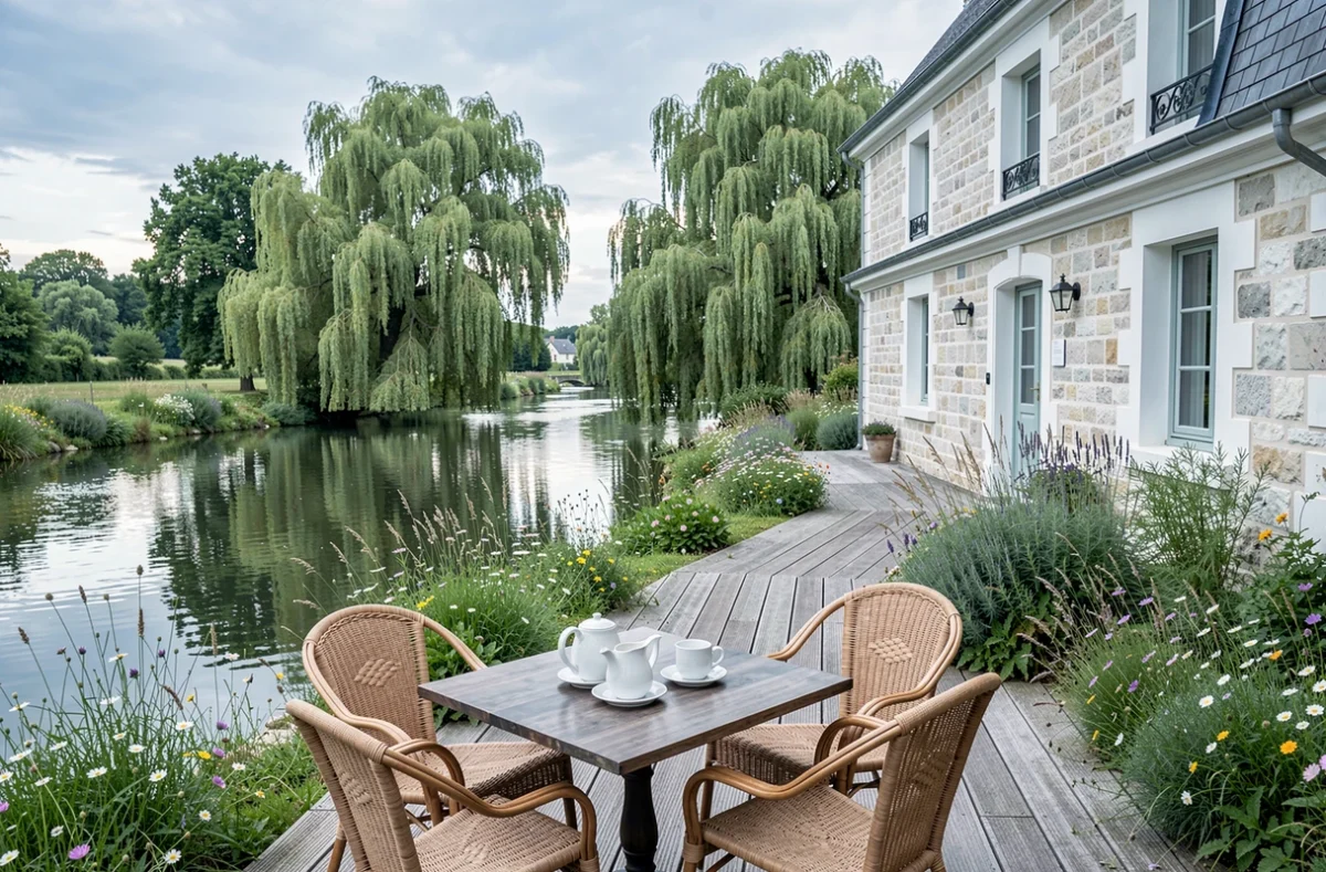 Terrasse de la chambre d'hôtes S.O.L à Lion-en-Sullias, avec vue sur la rivière et végétation luxuriante en bord d'eau