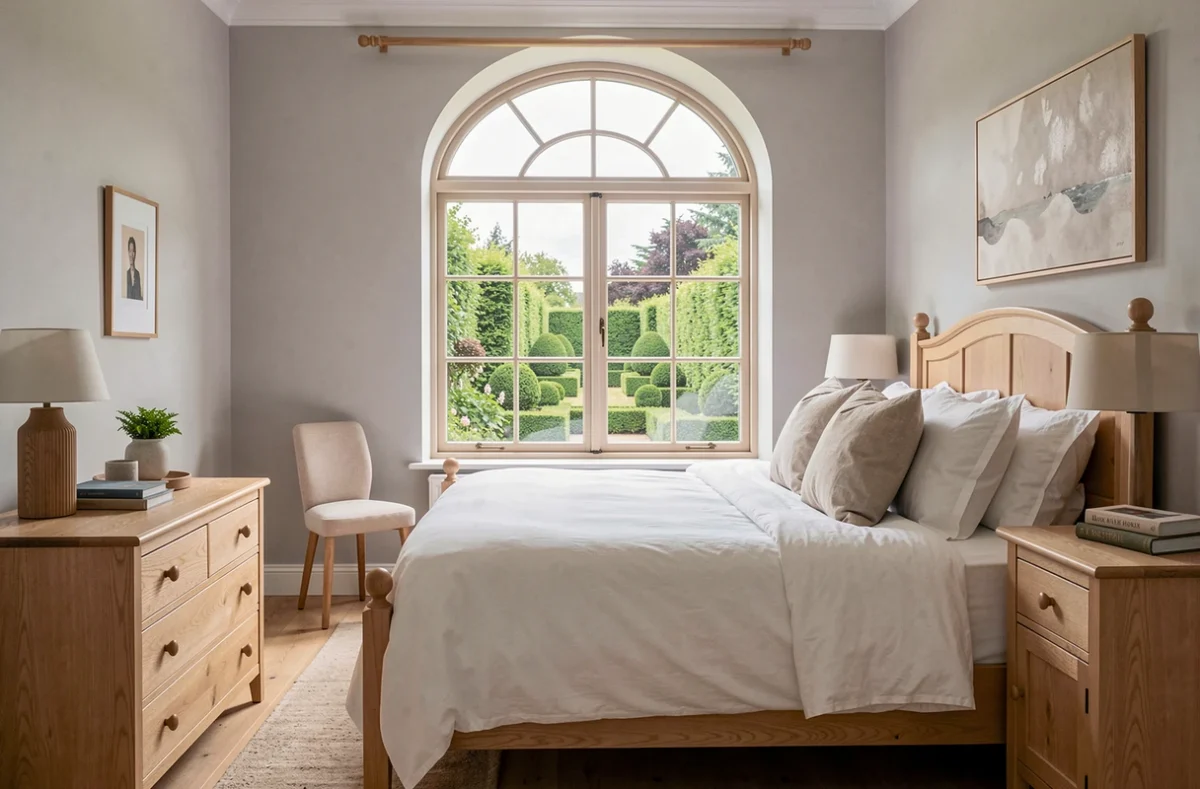 Chambre élégante aux tons neutres de la maison d'hôtes Solézane à Boutigny-Prouais, avec fenêtre donnant sur jardin à la française