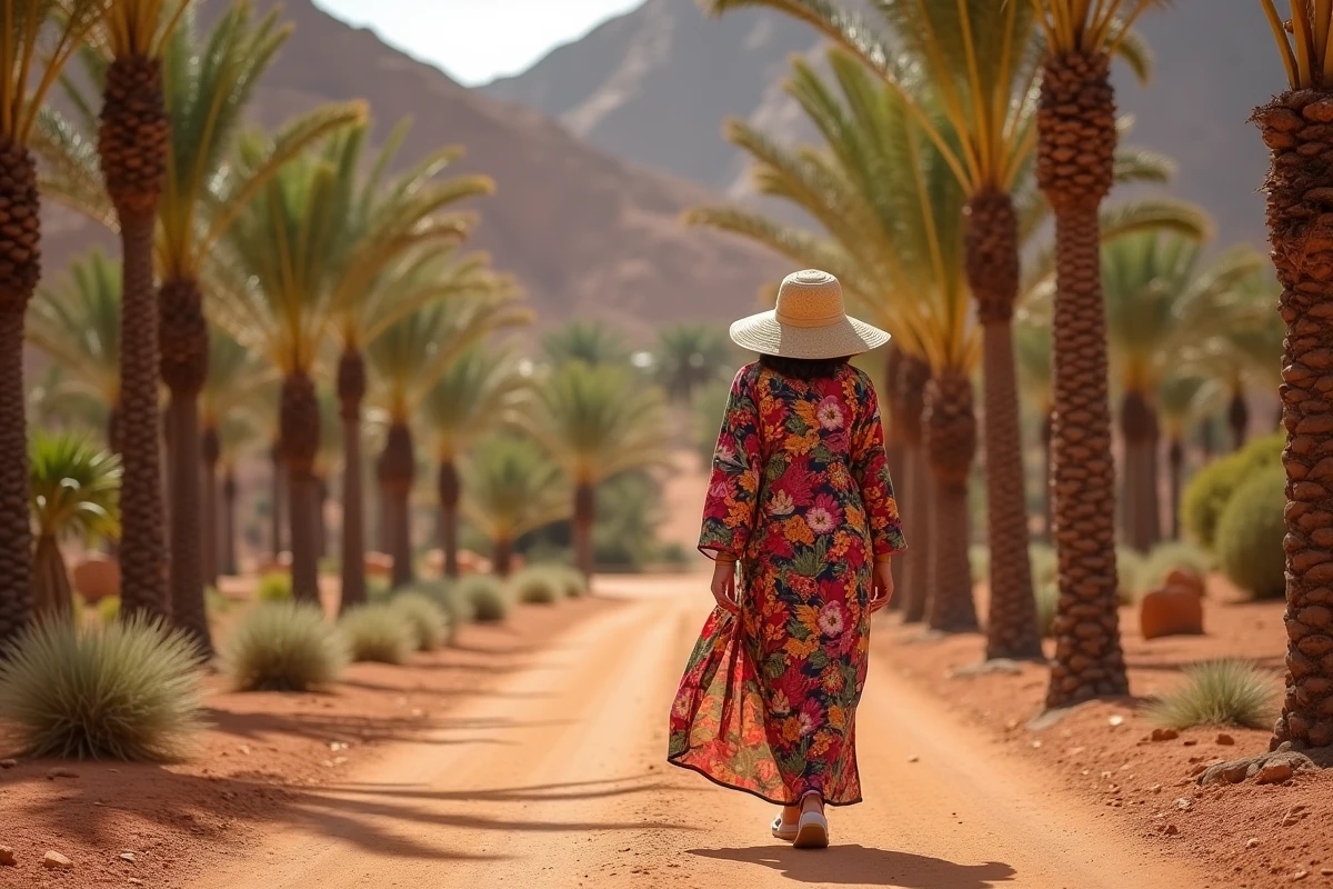 Femme se promenant dans une palmeraie de Zagora sous la chaleur du sud marocain en février