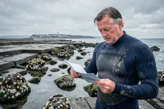 Surfeur consultant un tableau des marées de Biarritz sur un rocher exposé à marée basse