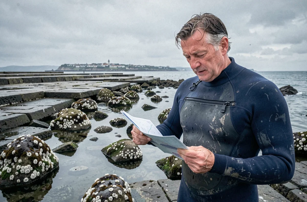 Surfeur consultant un tableau des marées de Biarritz sur un rocher exposé à marée basse