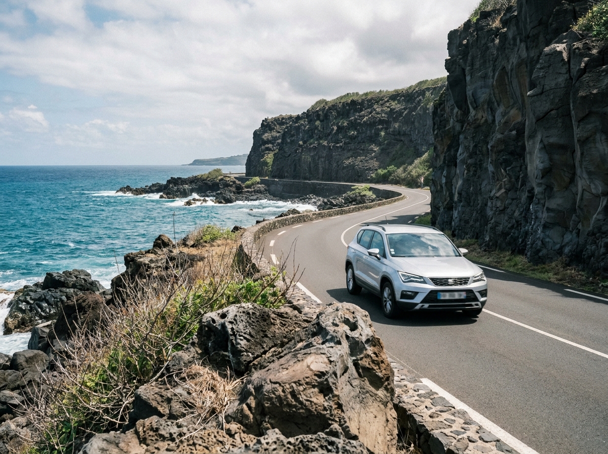 SUV argenté roulant sur la Route du Littoral à La Réunion entre falaises basaltiques et océan Indien turquoise
