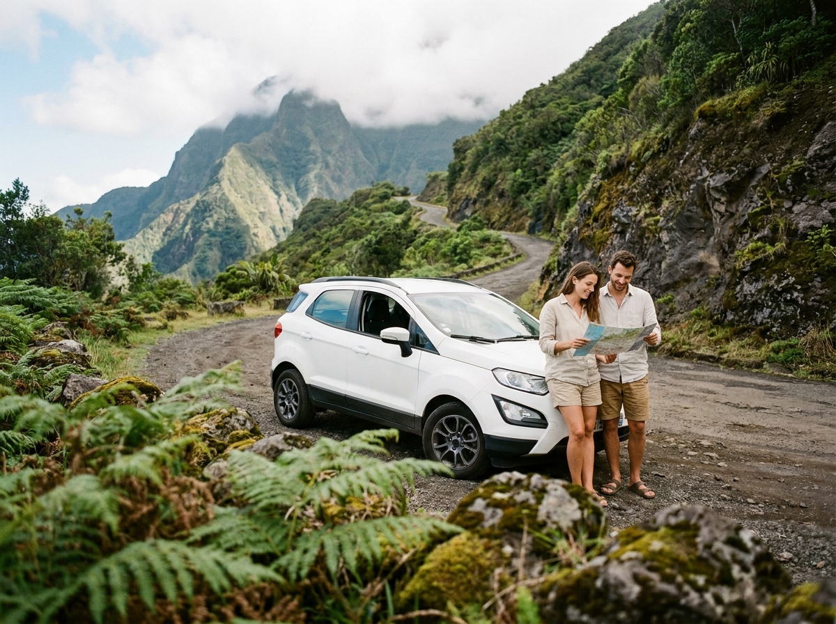 Couple debout à côté d'un SUV blanc sur une route de montagne verdoyante à La Réunion, entouré de végétation tropicale et de roches volcaniques