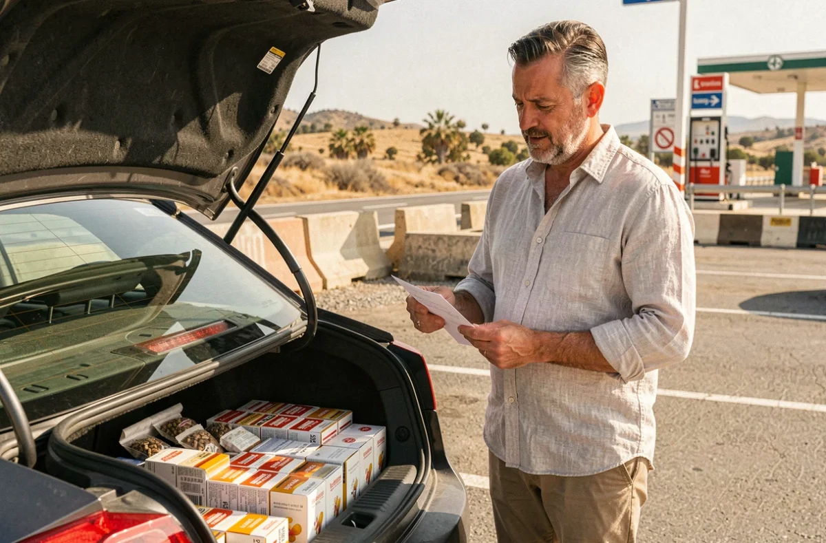 Homme organisant des cartouches de tabac dans le coffre de sa voiture près d'une aire d'autoroute espagnole avant un retour en France