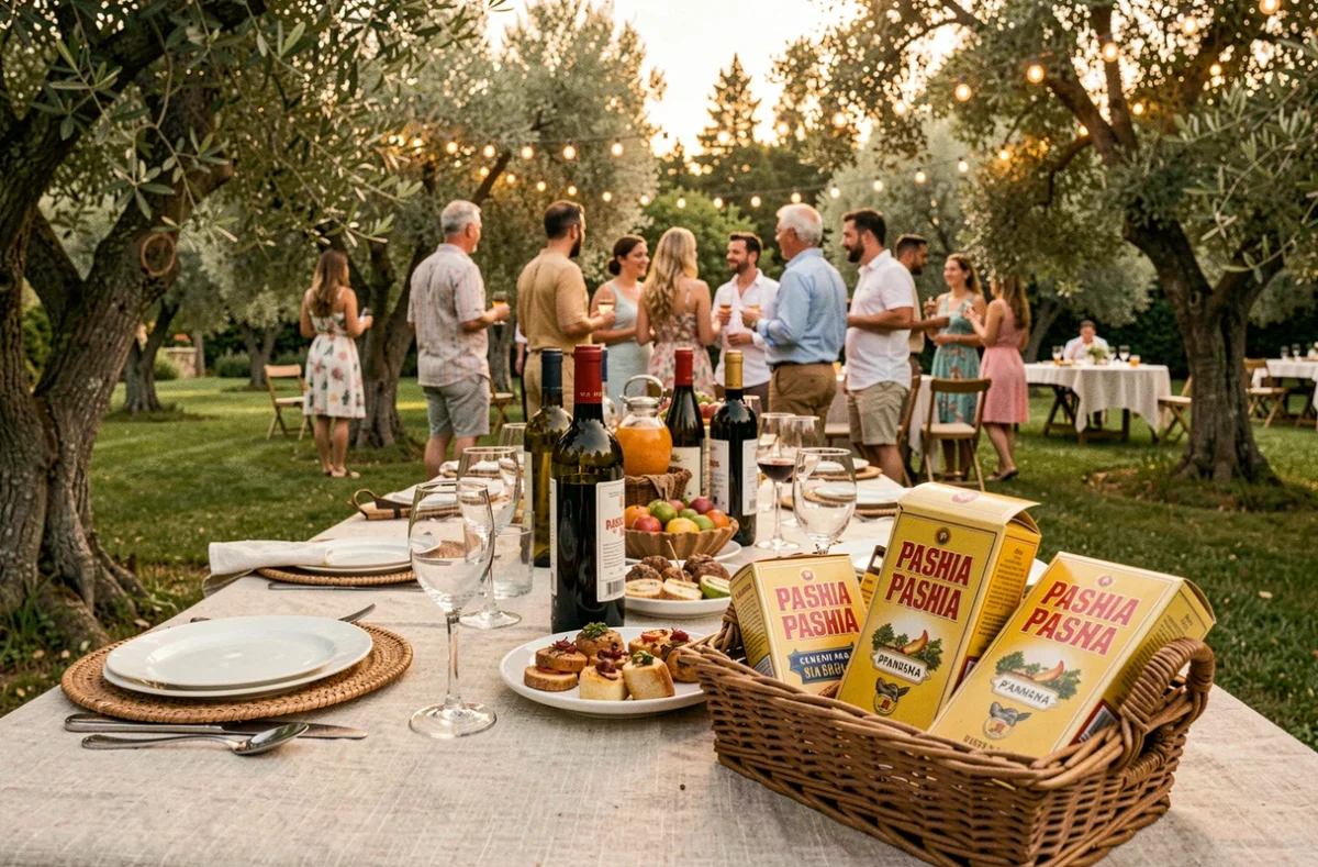 Panier de tabac ramené d'Espagne posé sur une table de fête en plein air lors d'un mariage ou d'une célébration estivale en France