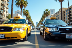 Taxi jaune et Uber noir côte à côte dans Los Angeles ensoleillée