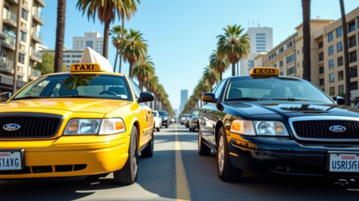 Taxi jaune et Uber noir côte à côte dans Los Angeles ensoleillée