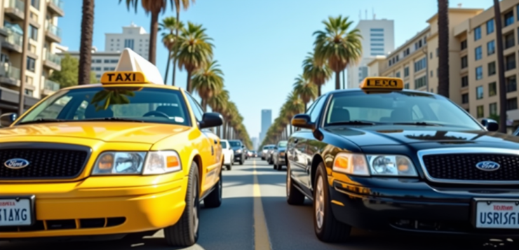Taxi jaune et Uber noir côte à côte dans Los Angeles ensoleillée