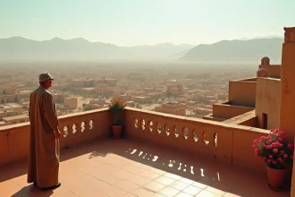 Panorama d'une terrasse marocaine en février avec vue sur la médina et les plaines désertiques
