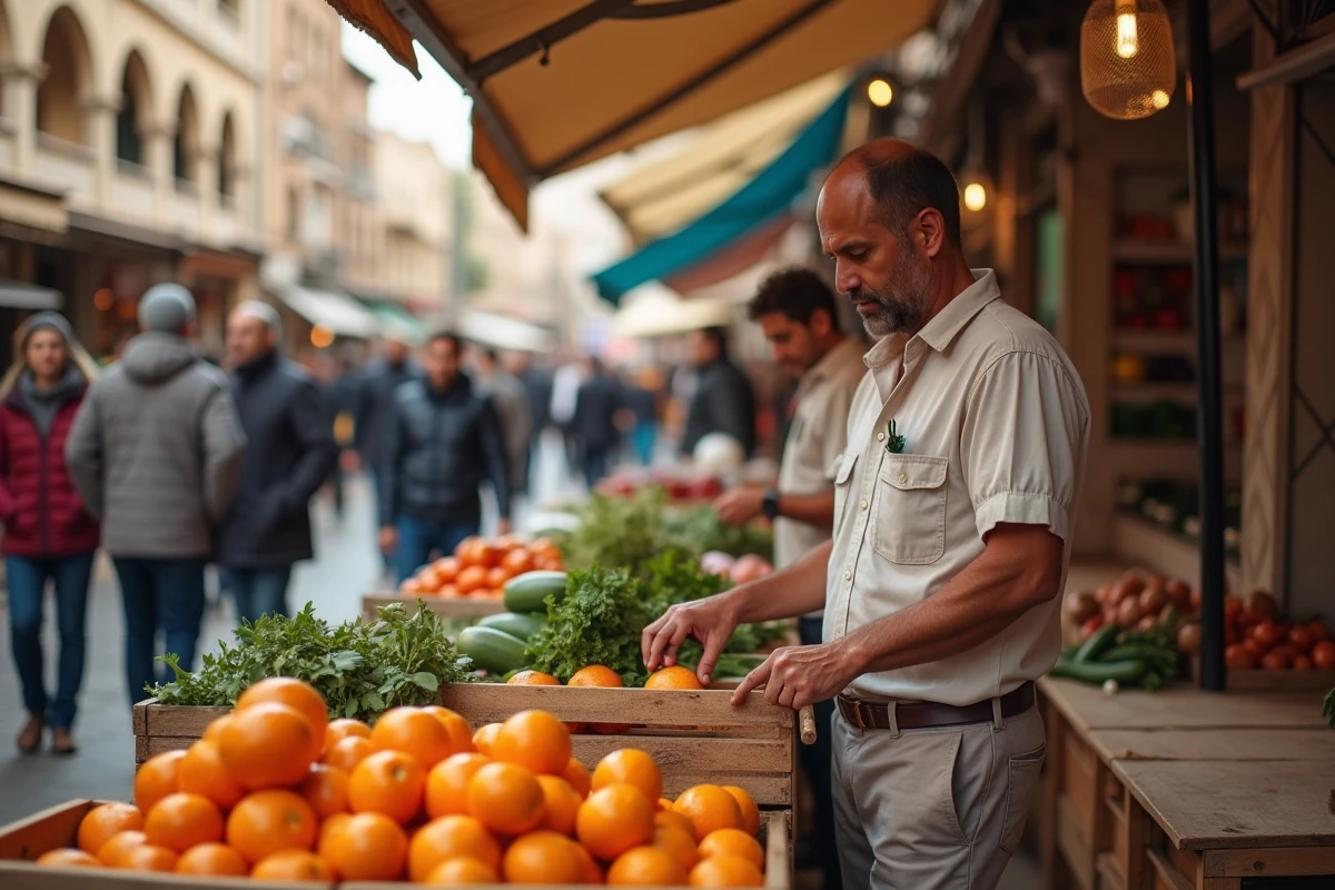 Marché marocain animé en plein air illustrant des températures douces de 22°C en journée en février