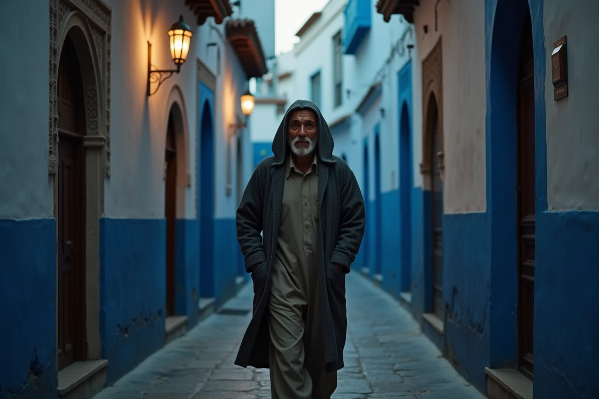 Homme en djellaba dans une ruelle de médina marocaine illustrant les températures nocturnes fraîches entre 7 et 10°C en février