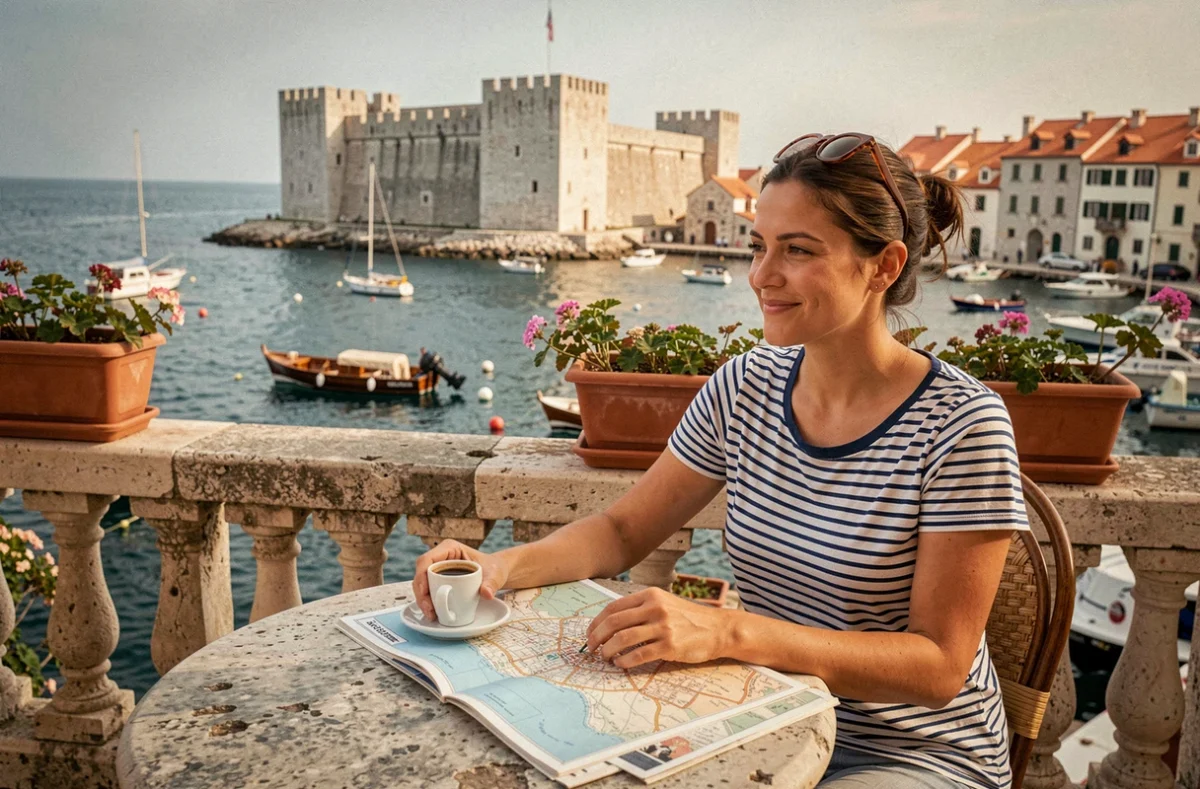 Voyageuse planifiant son itinéraire sur une terrasse de café avec vue sur le port historique de Dubrovnik
