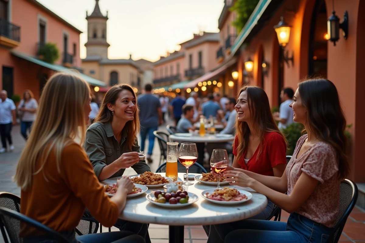 Groupe d'amis profitant d'une terrasse de bar à tapas animée sur une place andalouse au coucher du soleil, avec verres de xérès et assiettes de tapas typiques de Séville ou Grenade