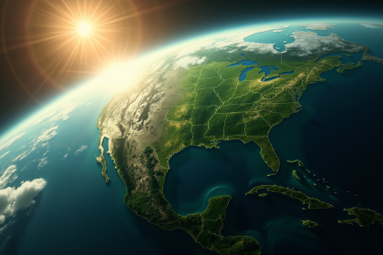 Terre verte vue de l'espace avec satellites futuristes