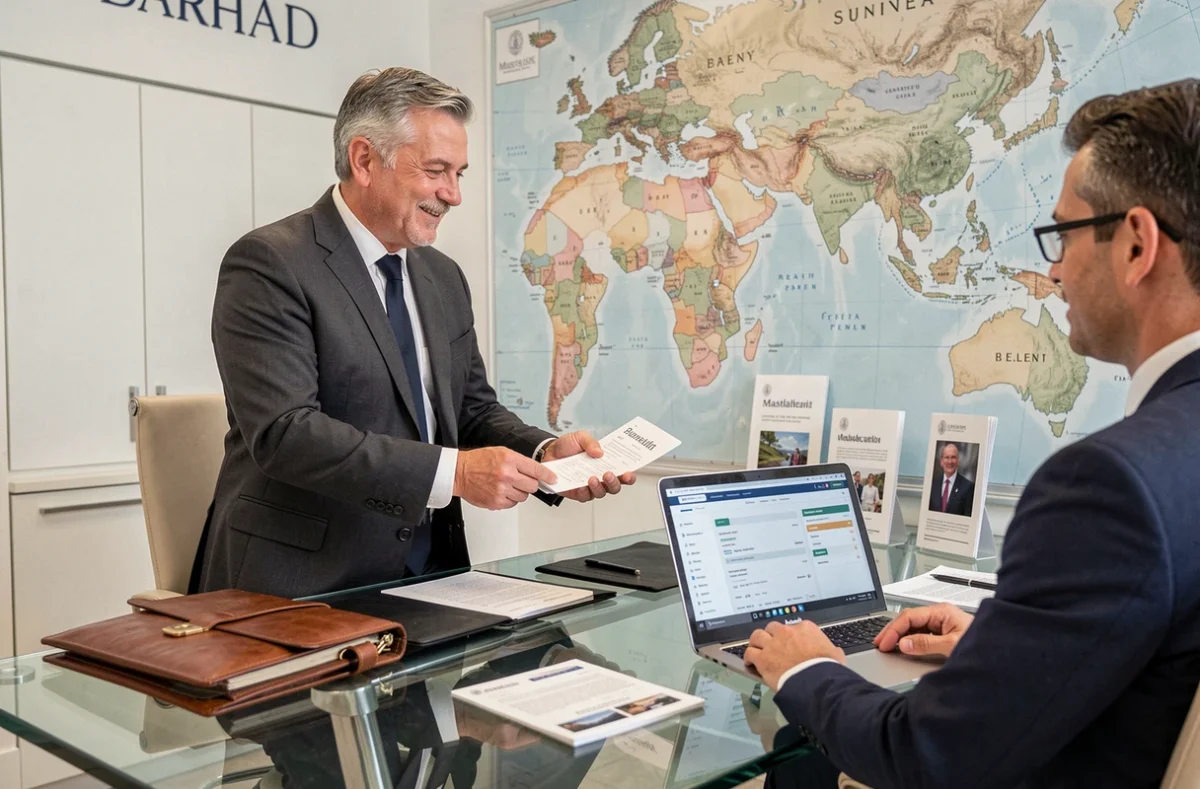 Consultant senior en costume charbon présentant des documents de voyage internationaux à un client dans l'agence corporate TMR International à Marseille