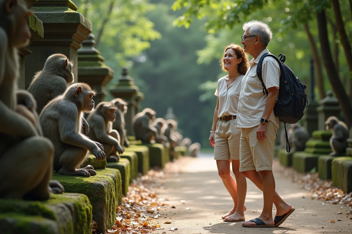 Touriste observant singes dans la forêt sacrée
