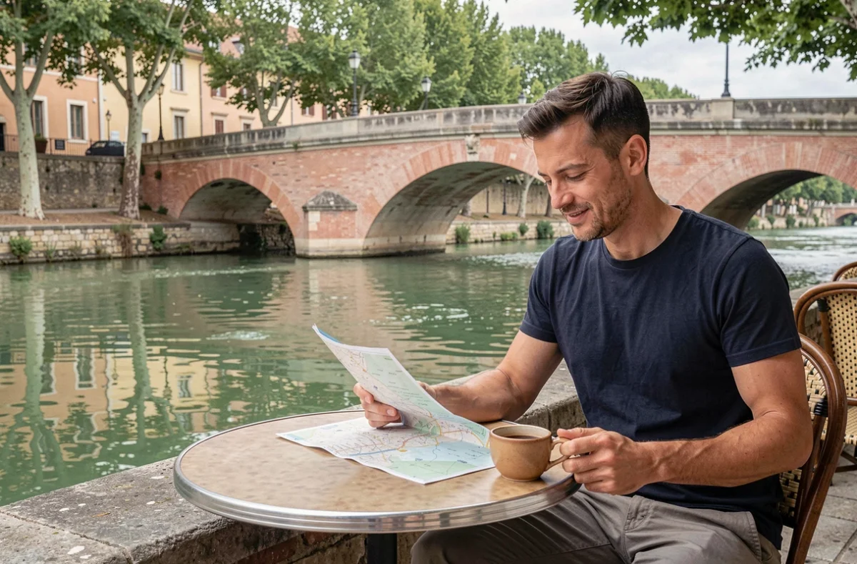Touriste consultant une carte devant le Pont Vieux de Montauban au bord du Tarn lors d'un séjour en train