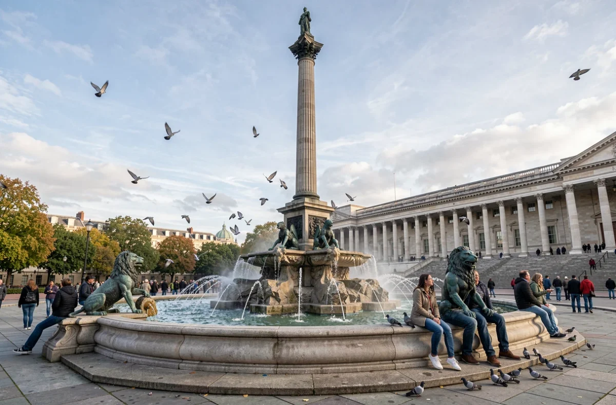 Trafalgar Square à Londres en automne avec la colonne Nelson et les fontaines entourées de visiteurs