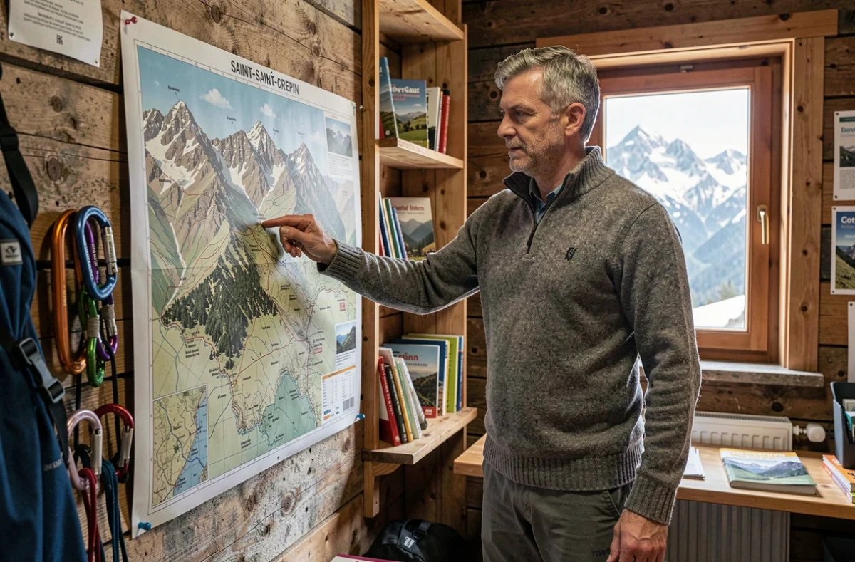 Spécialiste trek montagne pointant une carte topographique des Alpes dans l'agence en bois de Saint-Crépin avec équipement d'escalade visible