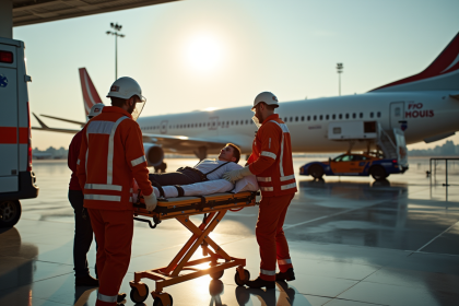 Equipe medicale d'urgence aidant un patient à l'aéroport